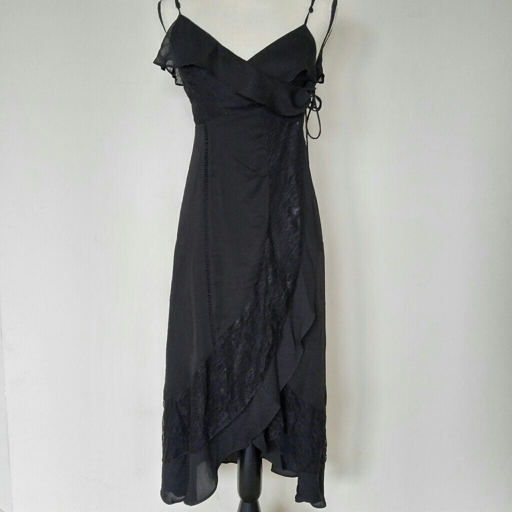 Bardot Midnight lace ruffle wrap front tie dress